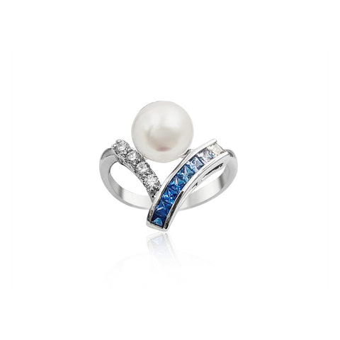 Mikimoto 18K White Gold Ocean 8MM Pearl, Blue Sapphire & Diamond Ring