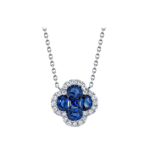 Shy Creation COLOR 0.16CT Diamond & 1.14CT Blue Sapphire Clover Necklace