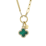 Shy Creation KATE 0.12CT Diamond & 0.54CT Malachite Clover Paper Clip Necklace