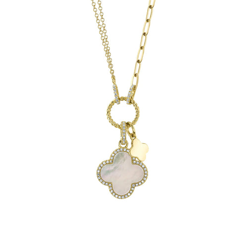 Shy Creation KATE 0.17CT Diamond & 1.36CT Mother of Pearl Clover Paper Clip Necklace