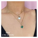 Shy Creation KATE 0.17CT Diamond & 1.36CT Mother of Pearl Clover Paper Clip Necklace