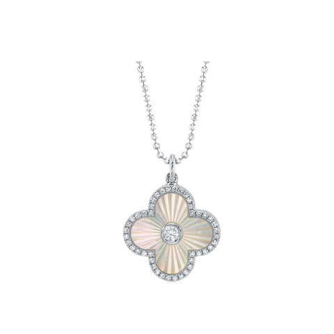 Shy Creation KATE 0.18CT Diamond & 0.94CT Mother of Pearl Bezel Ribbed Clover Faceted Ball Chain Necklace