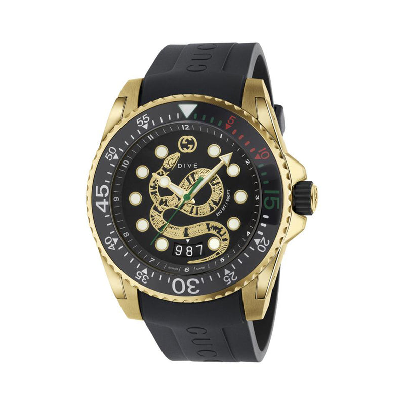 Gucci Dive Gold Tone Black Dial Rubber Strap - YA136219